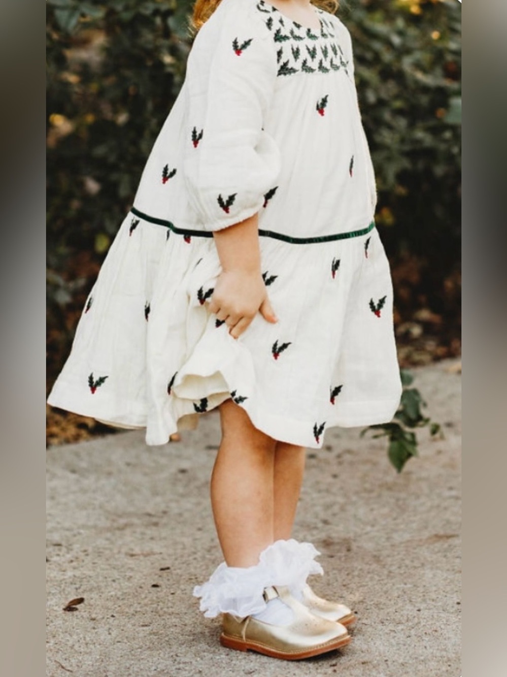 Pink Chicken White Cotton Tiered Dress with Green & Red Embroidery 3Y